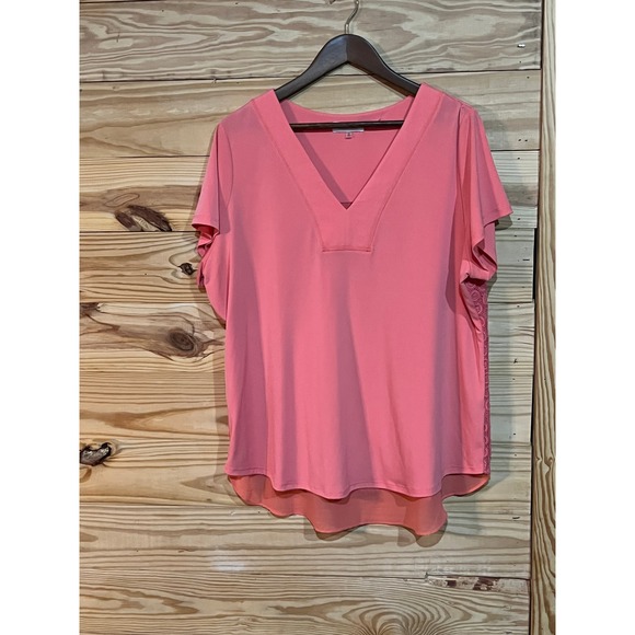 Calvin Klein Tops - Calvin Klein Coral Apricot Lace Crochet Short Sleeve V-neck Blouse Womens XL Top